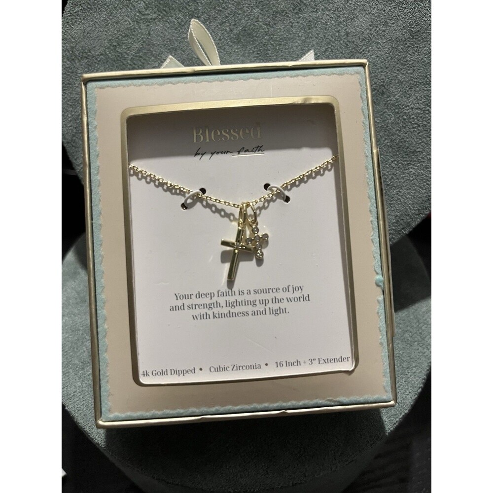 Blessed Gold Plated CZ Cross Charm Necklace Cable Chain 16+3in Adjustable